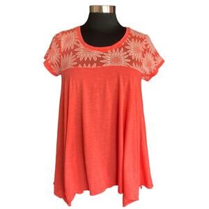 Hannah Orange Swing T-shirt  Sheer Floral Yoke Size Small Boho Summer Casual